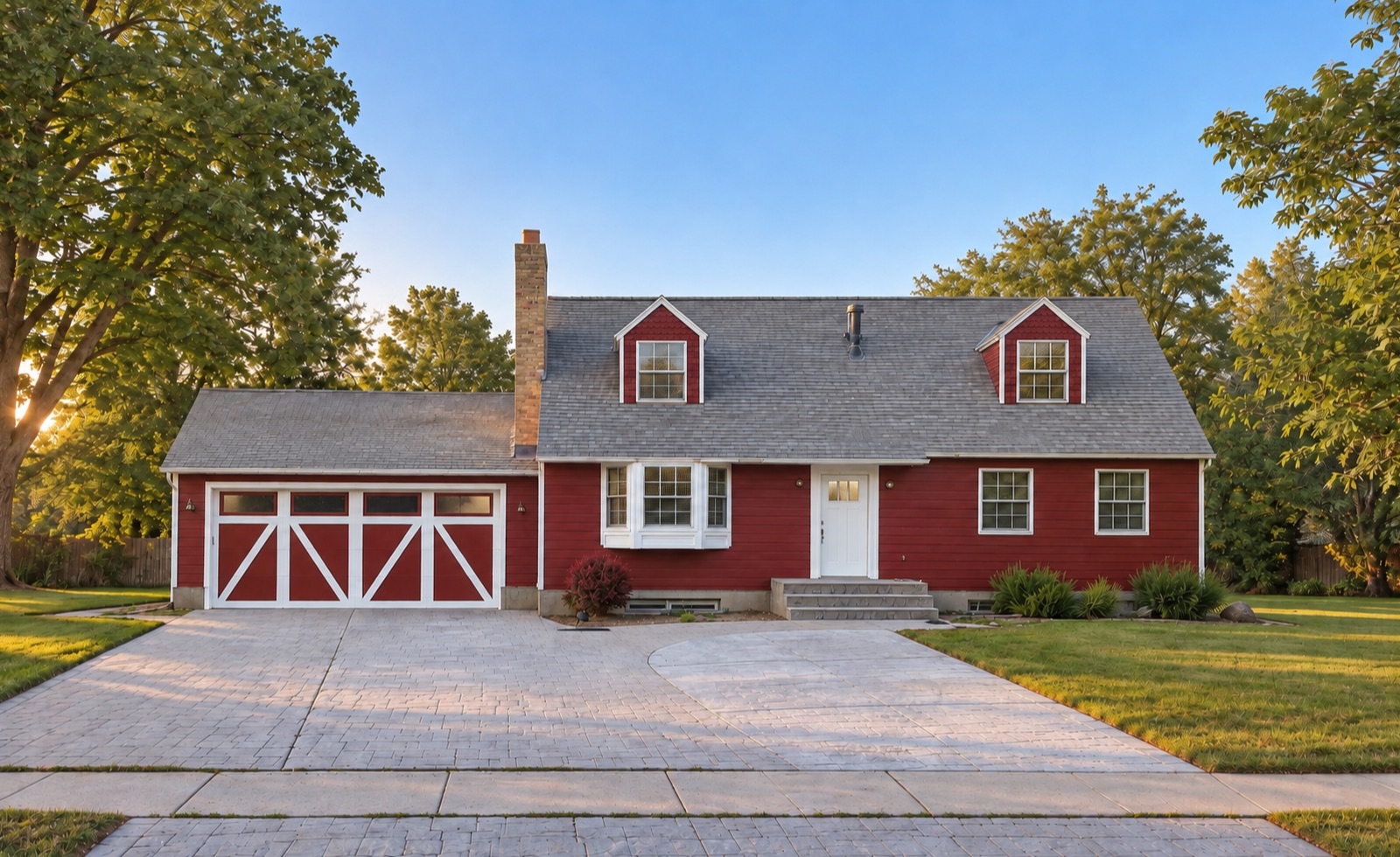 Straight-on view of the red Caito home framed by naturally detailed trees in warm evening light